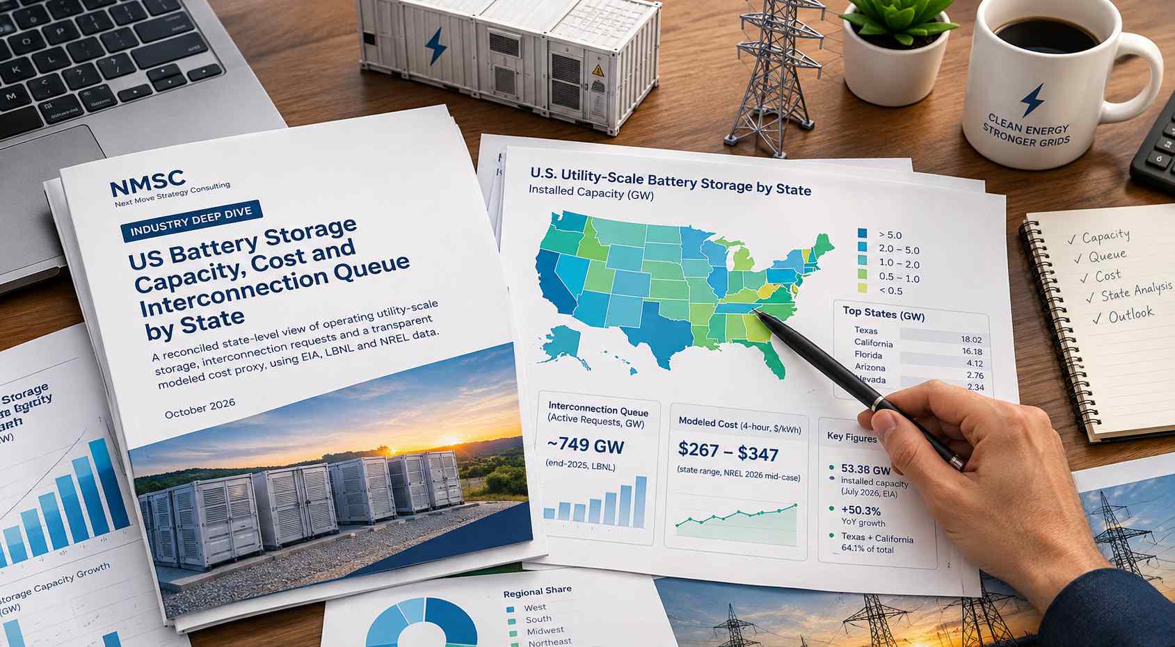 US Battery Storage Capacity, Cost and Interconnection Queue by State